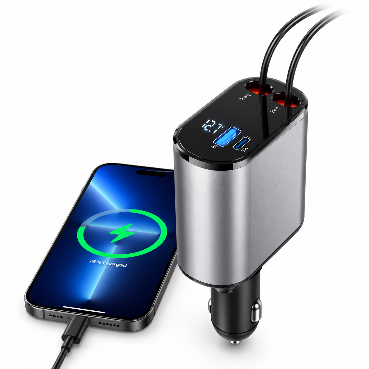 LEVARIA™ VoltDrive Pro – Ultra Fast Retractable Car Charger