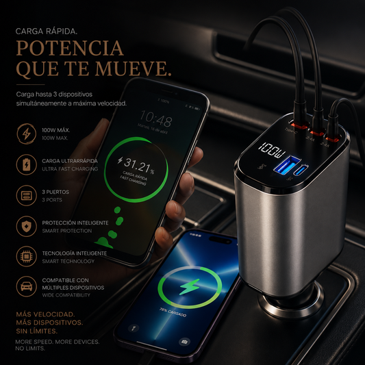 LEVARIA™ VoltDrive Pro – Cargador Retráctil Ultra Fast Car Charger