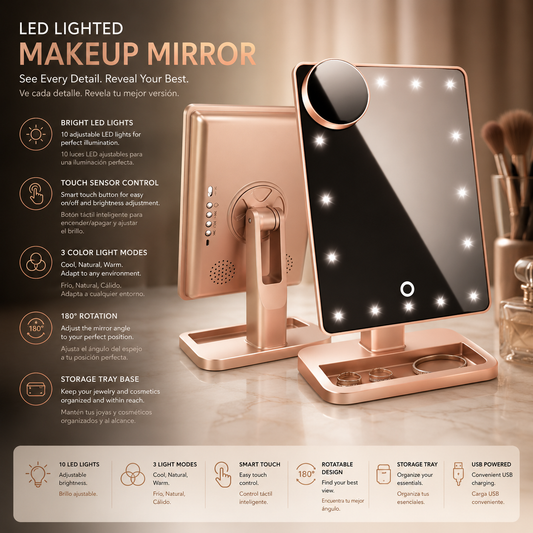 Touch Screen Makeup Mirror With 20 LED Lights Bluetooth Music Speaker 10X Magnifying Mirrors Lights