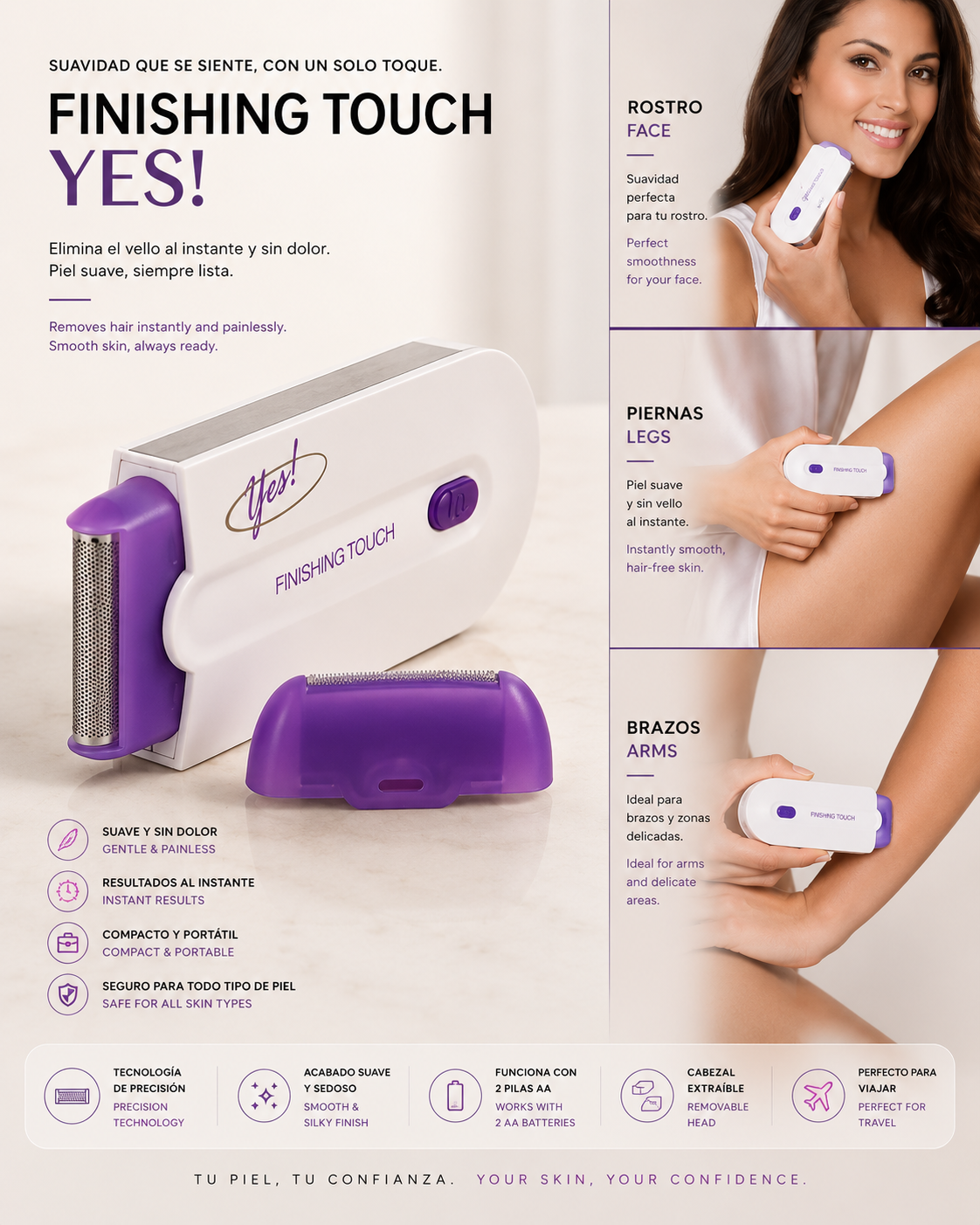 LEVARIA™ Depilador eléctrico para bello en todo el cuerpo. Sin irritación, llévalo contigo en todo momento