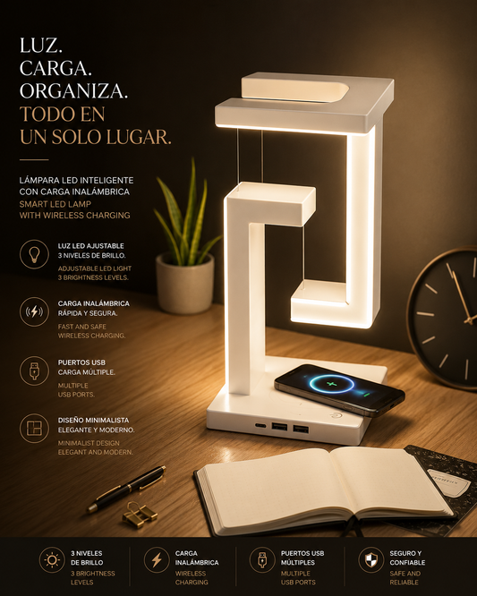 LEVARIA™ Lámpara LED Flotante con Carga Inalámbrica 3 en 1 | Ilumina, Decora y Carga tu Smartphone