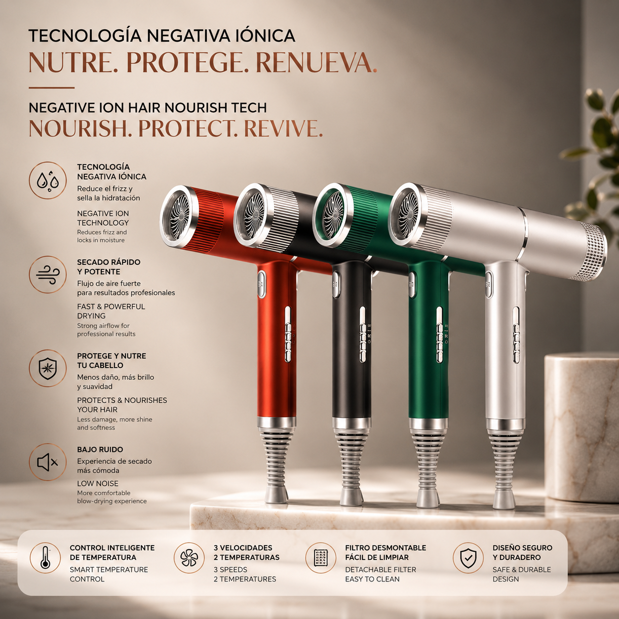 LEVARIA™ Secadora de Cabello Profesional 1200-1599W con Iones Negativos – Aire Frío y Caliente con Difusor New Concept Hair Dryer Household Hair