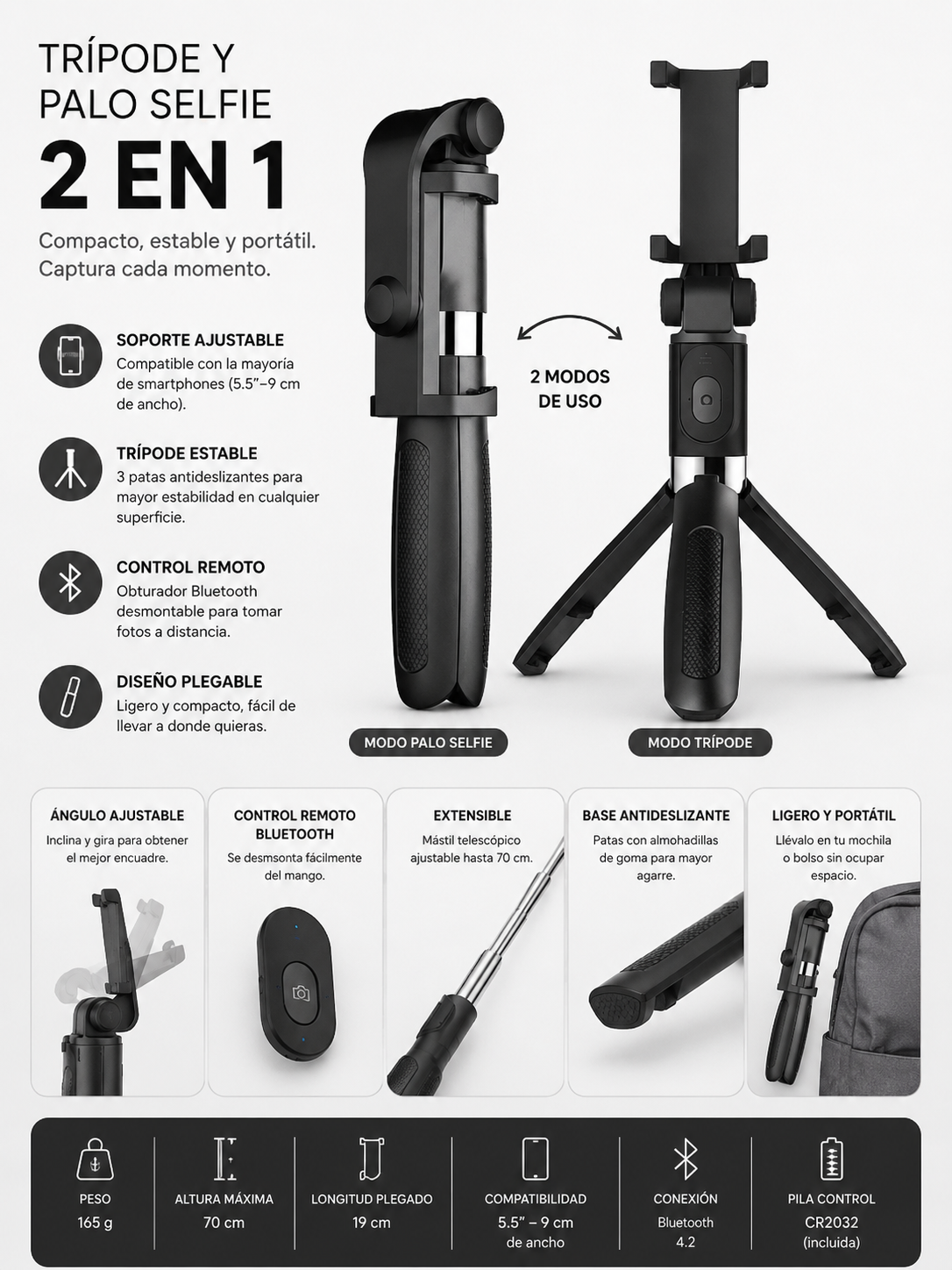 LEVARIA™ Compatible with iPhone. Selfie Tripod