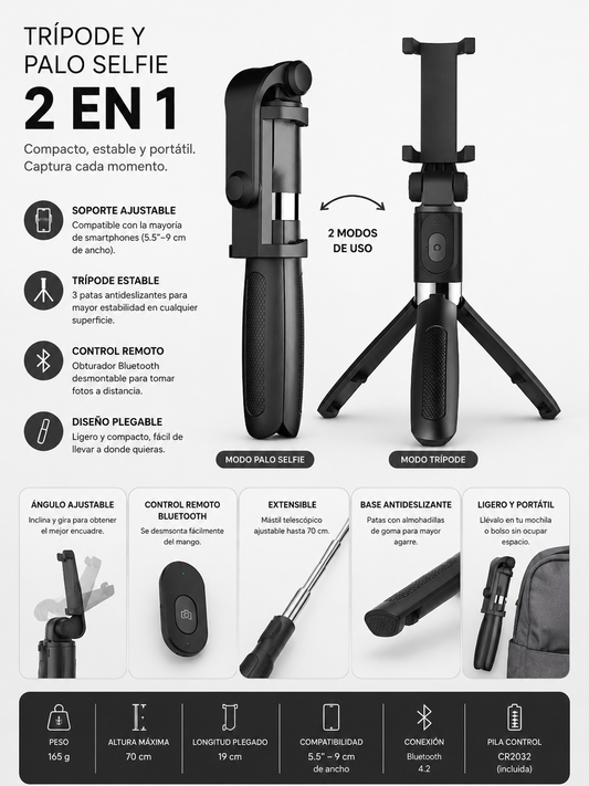 LEVARIA™ Compatible con IPhone. Tripié para selfis