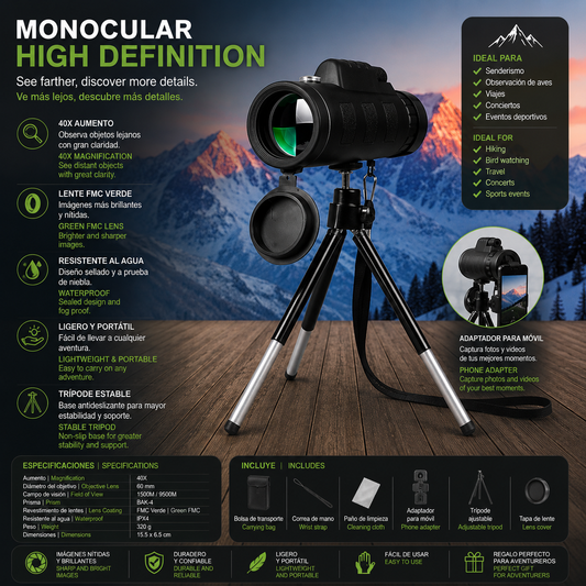 LEVARIA™ Monocular 40x60 HD | Zoom Potente con Tripié + Soporte para Celular