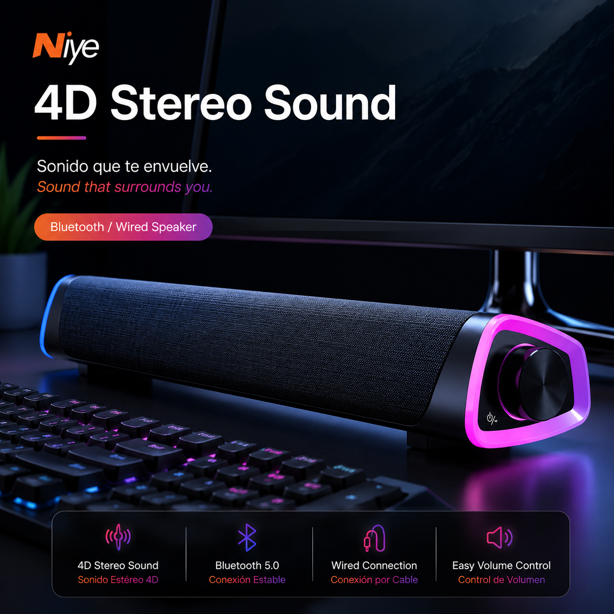 Compatible with Apple, 4D Computer Speaker Bar Stereo Sound Subwoofer Bluetooth Speaker For MacBook Laptop Notebook PC Music Player Wired Loudspeaker